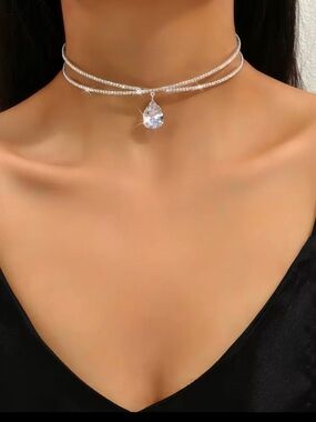 Cubic Zirconia Water-Drop Charm Layered Choker Necklace Jewelry Costume Glitz
